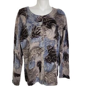 Coldwater Creek Women Cardigan Sweater Medium Button Printed Cashmere Wool Blend